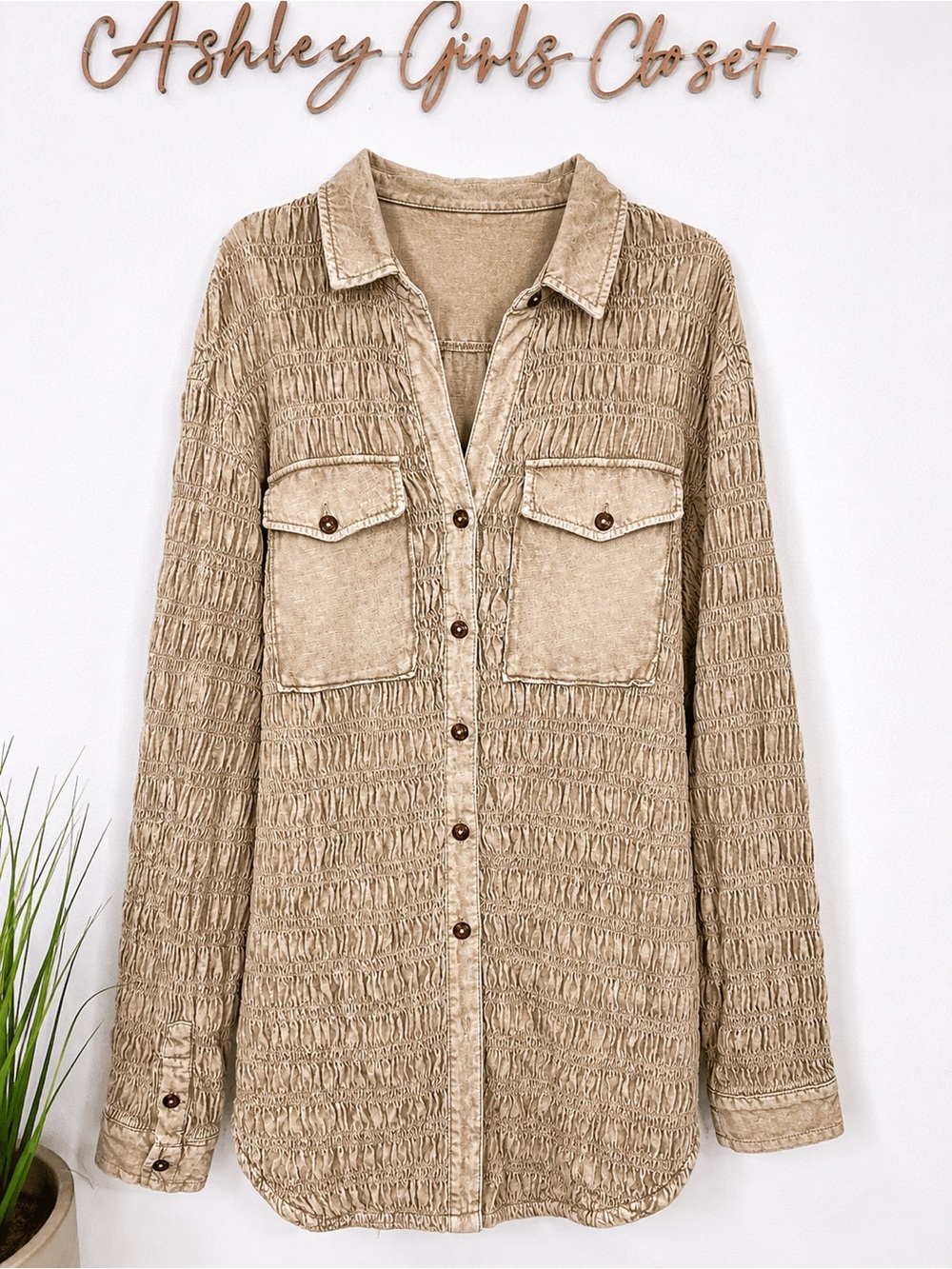 Pilcro Anthropologie Smocked Textured Button Down Shacket Small